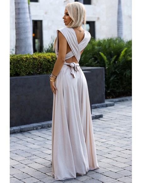  509-2 Elegant long dress tied in many ways - beige with glitter 