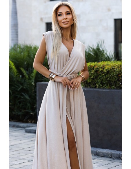  509-2 Elegant long dress tied in many ways - beige with glitter 