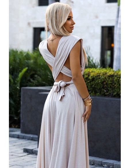  509-2 Elegant long dress tied in many ways - beige with glitter 