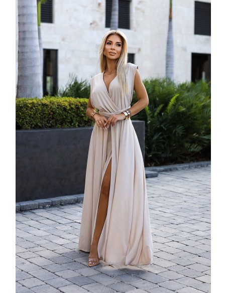  509-2 Elegant long dress tied in many ways - beige with glitter 