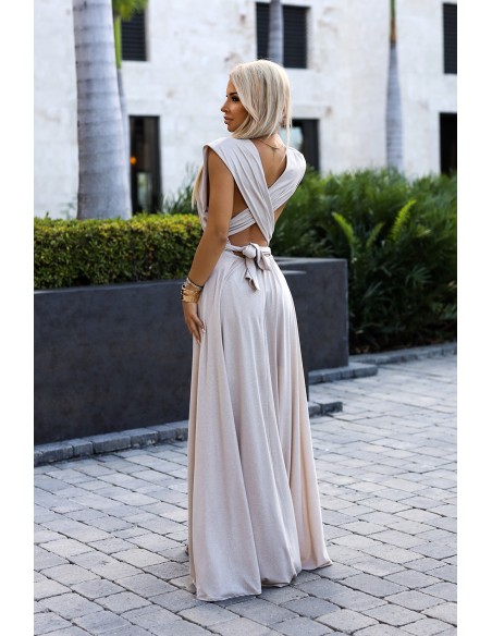  509-2 Elegant long dress tied in many ways - beige with glitter 