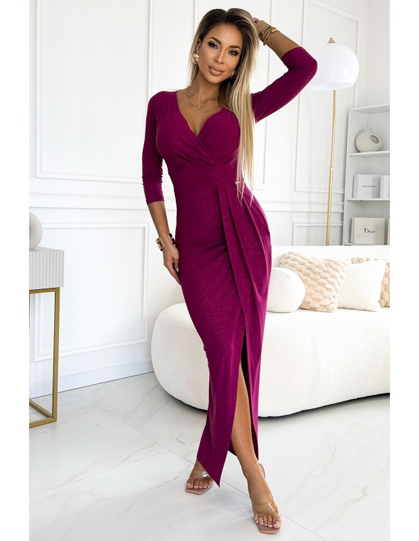  404-9 Shiny dress with a neckline and a slit on the leg - fuchsia with glitter 