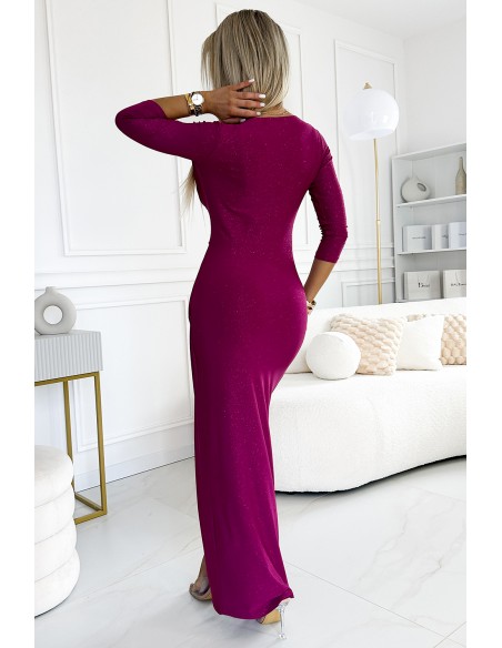  404-9 Shiny dress with a neckline and a slit on the leg - fuchsia with glitter 