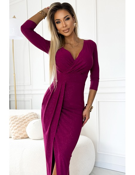  404-9 Shiny dress with a neckline and a slit on the leg - fuchsia with glitter 