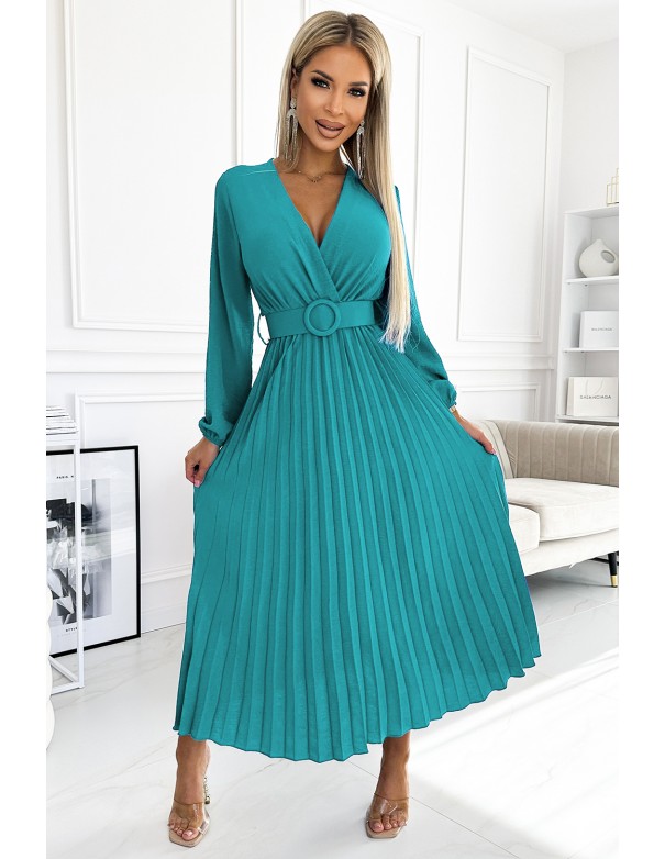  504-6 VIVIANA Pleated midi dress with a neckline, long sleeves and a wide belt - sea color 