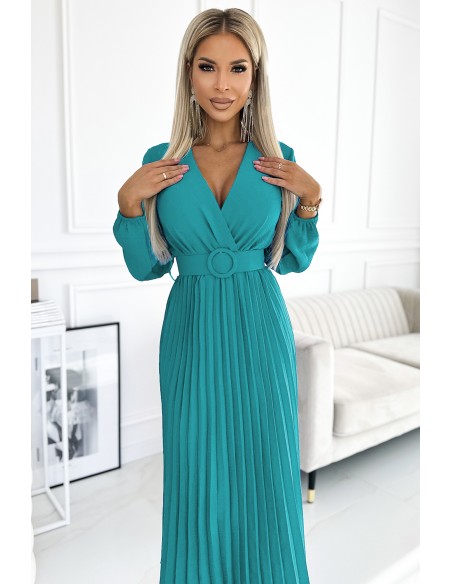  504-6 VIVIANA Pleated midi dress with a neckline, long sleeves and a wide belt - sea color 