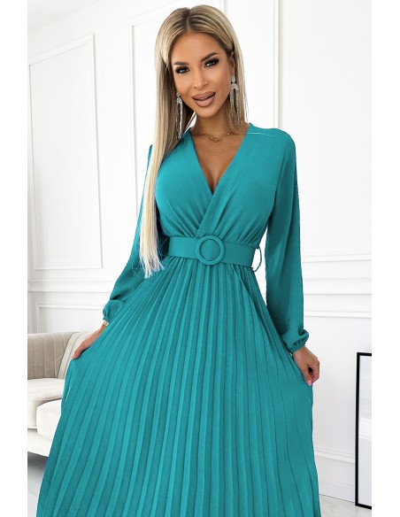  504-6 VIVIANA Pleated midi dress with a neckline, long sleeves and a wide belt - sea color 