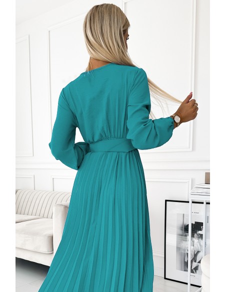  504-6 VIVIANA Pleated midi dress with a neckline, long sleeves and a wide belt - sea color 