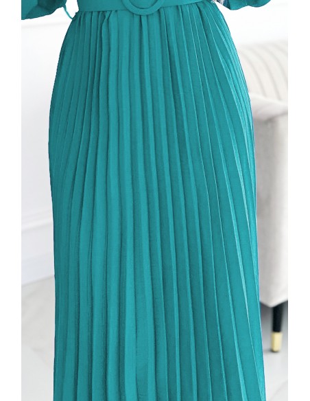  504-6 VIVIANA Pleated midi dress with a neckline, long sleeves and a wide belt - sea color 