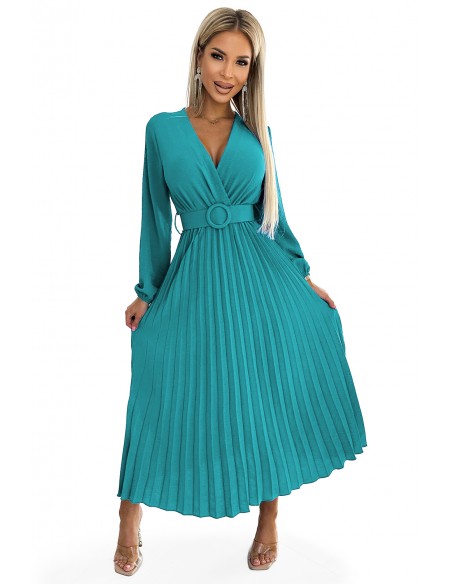  504-6 VIVIANA Pleated midi dress with a neckline, long sleeves and a wide belt - sea color 