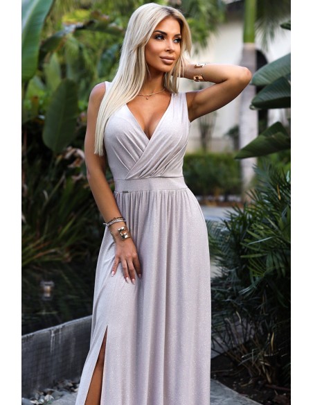  467-2 LOUISE long dress with a neckline and leg slit - beige with glitter 