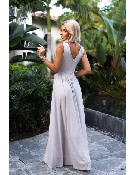  467-2 LOUISE long dress with a neckline and leg slit - beige with glitter 