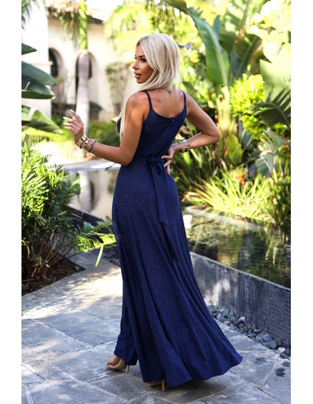  512-7 JULIET elegant long shiny dress with a neckline and leg slit - dark blue with glitter 