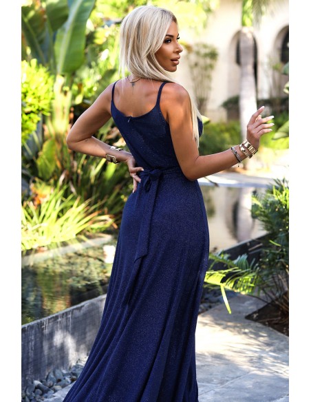  512-7 JULIET elegant long shiny dress with a neckline and leg slit - dark blue with glitter 