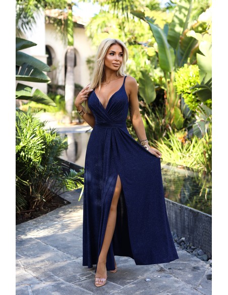  512-7 JULIET elegant long shiny dress with a neckline and leg slit - dark blue with glitter 