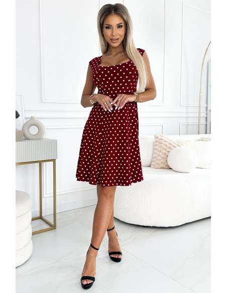  241-3 STELLA cotton dress with a diamond neckline - burgundy with polka dots 