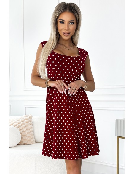  241-3 STELLA cotton dress with a diamond neckline - burgundy with polka dots 