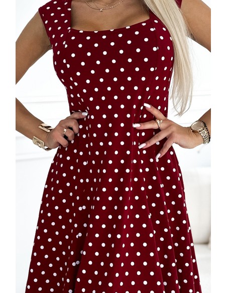  241-3 STELLA cotton dress with a diamond neckline - burgundy with polka dots 