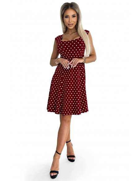  241-3 STELLA cotton dress with a diamond neckline - burgundy with polka dots 