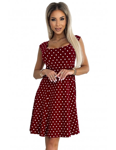  241-3 STELLA cotton dress with a diamond neckline - burgundy with polka dots 