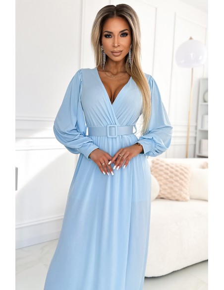  536-1 FIORELLA Long dress with a wide belt and neckline - light blue 