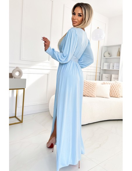  536-1 FIORELLA Long dress with a wide belt and neckline - light blue 