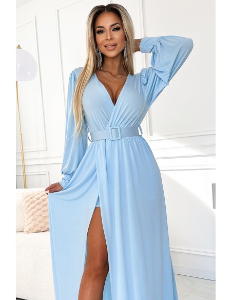  536-1 FIORELLA Long dress with a wide belt and neckline - light blue 