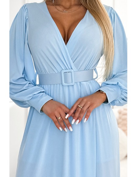  536-1 FIORELLA Long dress with a wide belt and neckline - light blue 