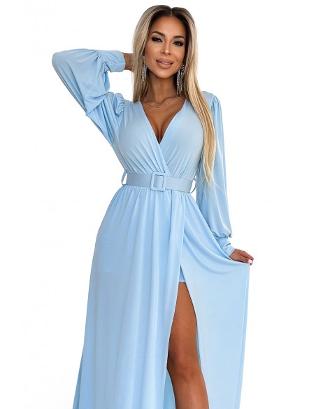  536-1 FIORELLA Long dress with a wide belt and neckline - light blue 