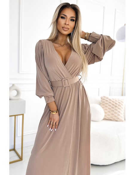  536-2 FIORELLA Long dress with a wide belt and neckline - beige 