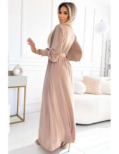  536-2 FIORELLA Long dress with a wide belt and neckline - beige 