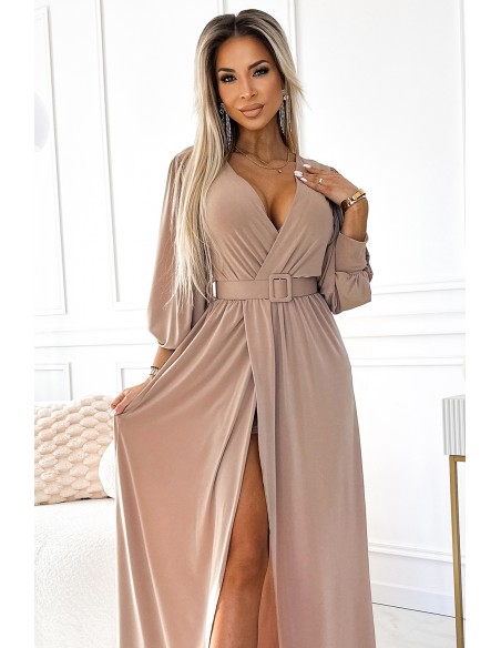  536-2 FIORELLA Long dress with a wide belt and neckline - beige 