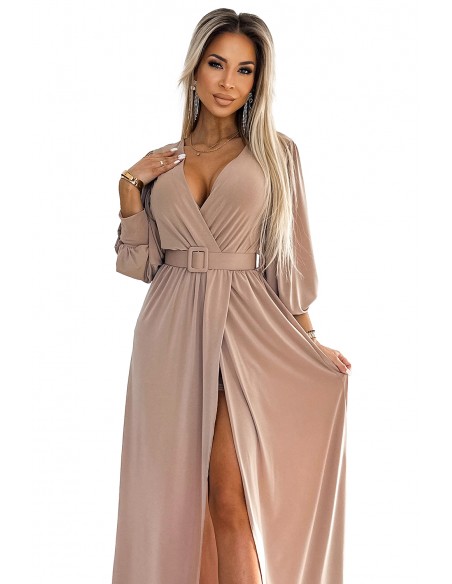  536-2 FIORELLA Long dress with a wide belt and neckline - beige 