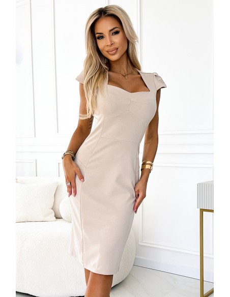  318-6 Elegant midi dress with a nice neckline - beige 