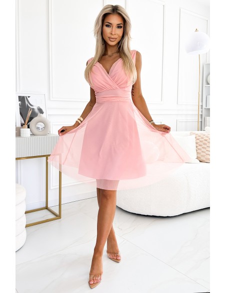  541-2 CELESTINA Elegant tulle dress with a neckline and bow - dirty pink 