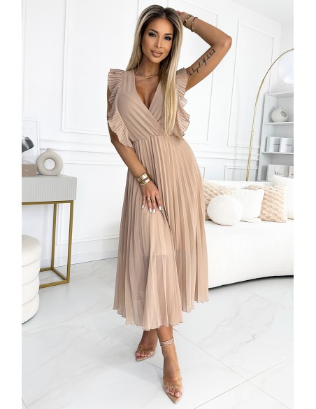  315-6 EMILY Pleated dress with ruffles on the shoulders and neckline - beige 