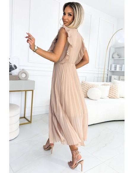  315-6 EMILY Pleated dress with ruffles on the shoulders and neckline - beige 