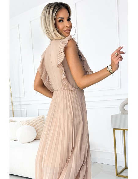  315-6 EMILY Pleated dress with ruffles on the shoulders and neckline - beige 