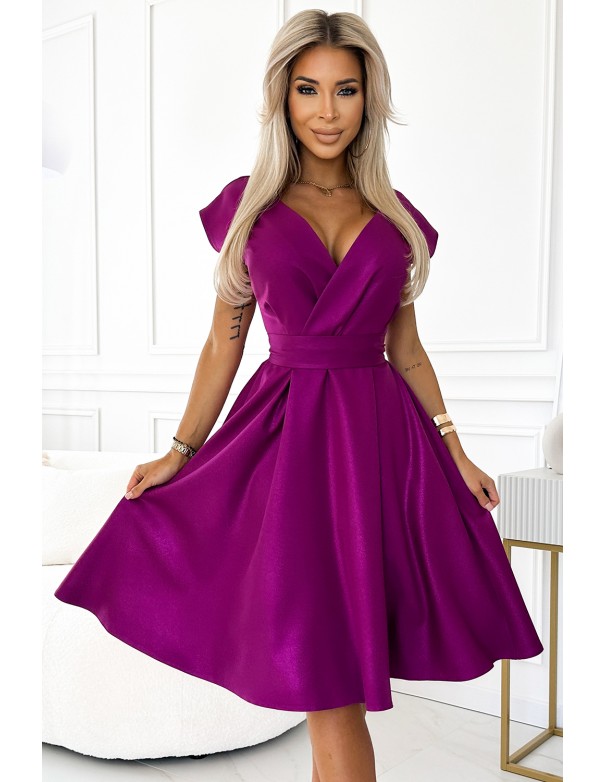  348-8 SCARLETT flared dress with a neckline - fuchsia with glitter 