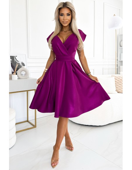  348-8 SCARLETT flared dress with a neckline - fuchsia with glitter 