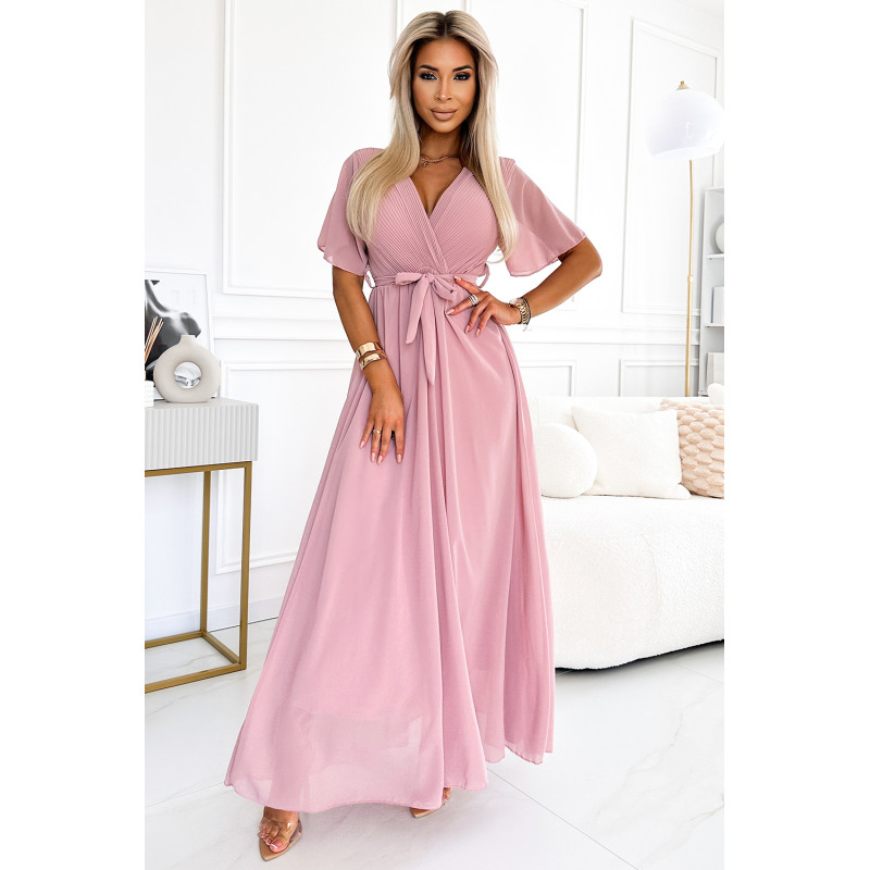  545-1 Long dress with a pleated neckline and ties - powder pink 