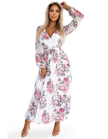  458-3 GEPPI Pleated midi dress with a neckline, long sleeves and a belt - white with red roses 