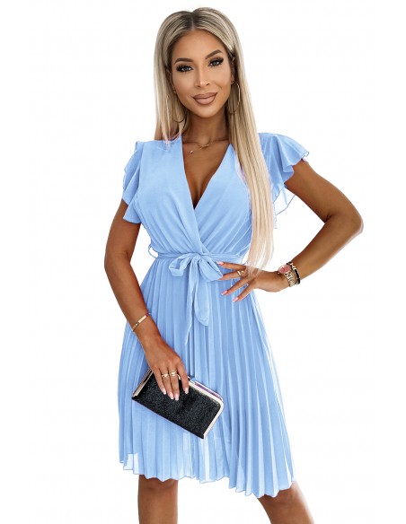  424-5 Chiffon pleated dress with a neckline and frills - light blue 