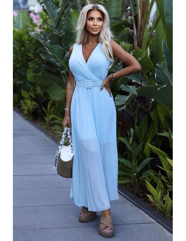  546-2 Pleated dress with a wide belt and neckline - light blue 