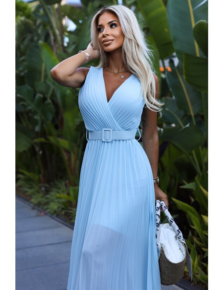  546-2 Pleated dress with a wide belt and neckline - light blue 