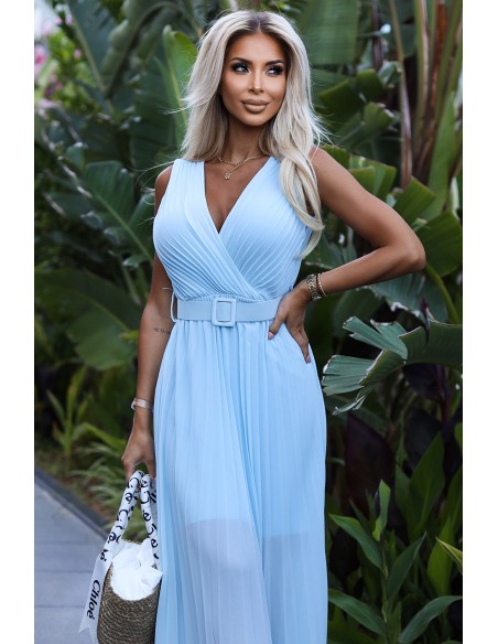  546-2 Pleated dress with a wide belt and neckline - light blue 