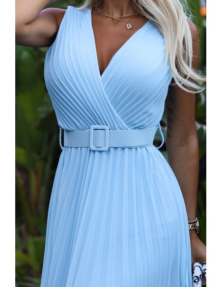  546-2 Pleated dress with a wide belt and neckline - light blue 