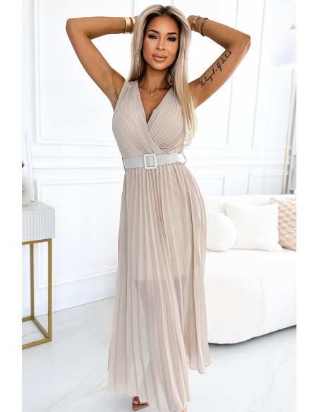  546-1 Pleated dress with a wide belt and neckline - Beige 