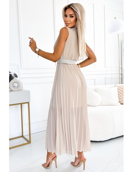  546-1 Pleated dress with a wide belt and neckline - Beige 