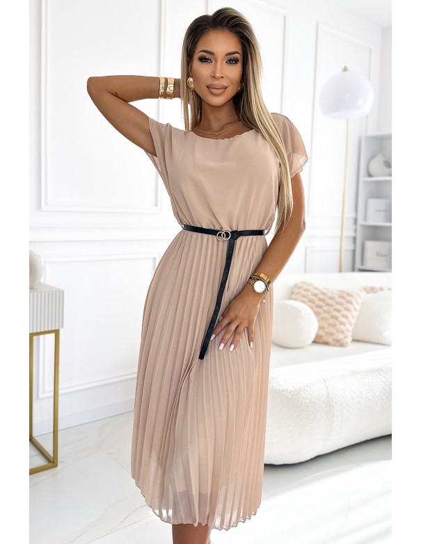  548-1 Pleated midi dress with a black belt - beige 